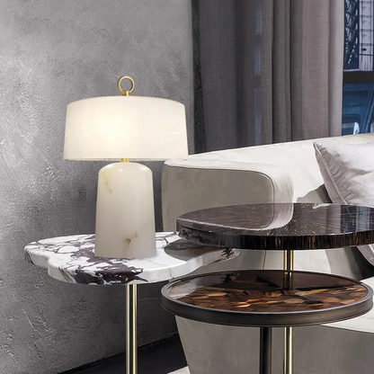 LuxRoyale Alabaster & Brass LED Table Lamp with Drum Shade & Ring Finial