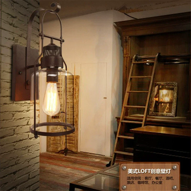 RoyaleGlow Rustic Industrial Outdoor Wall Sconce - Metal & Clear Glass Jar Lantern