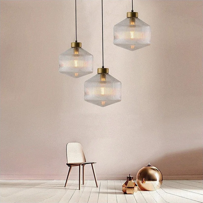 RoyaleGlow Modern Ribbed Glass Pendant Light with Brass Finish for Kitchen Island & Dining
