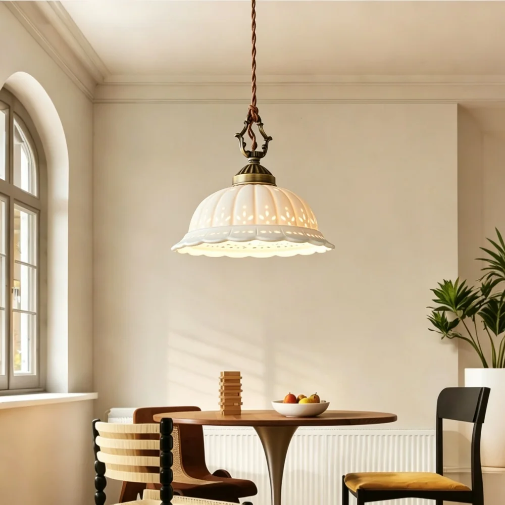 Royelux Vintage Porcelain Bell Pendant Light with Floral Cutouts and Scalloped Rim