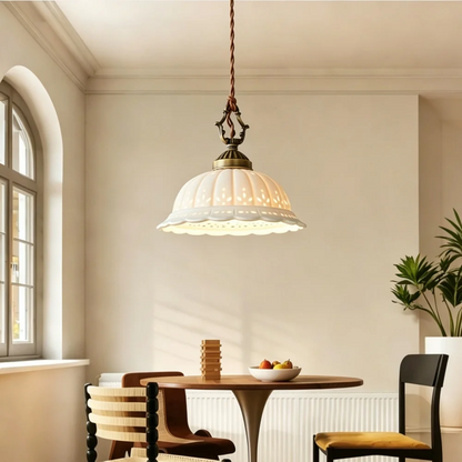 Royelux Vintage Porcelain Bell Pendant Light with Floral Cutouts and Scalloped Rim