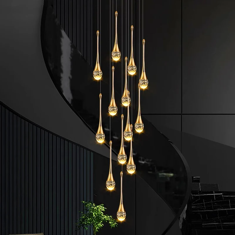 LuxRoyale Waterfall Gold LED Crystal Chandelier for Staircase Entryway