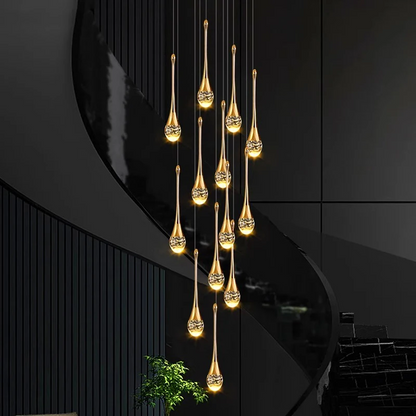LuxRoyale Waterfall Gold LED Crystal Chandelier for Staircase Entryway