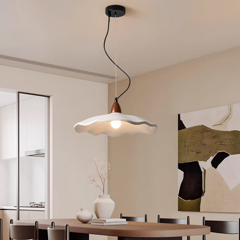Lumora Terra Zen Pendant Light, Travertine Texture With Scalloped Edge And Walnut Accents For Japandi Modern Homes