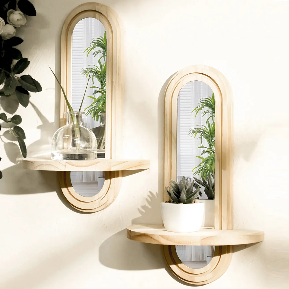 RoyaleGlow Modern Arched Wall Mirror with Integrated Wood Shelf