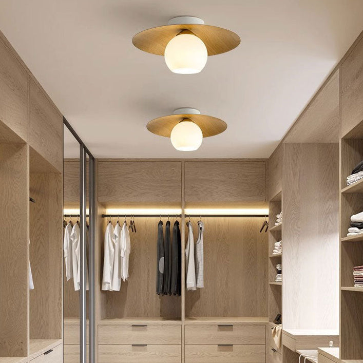 LuxRoyale Modern Wood Ceiling Light with White Globe Shade, Flush Mount Lamp