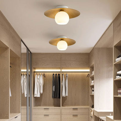 LuxRoyale Modern Wood Ceiling Light with White Globe Shade, Flush Mount Lamp