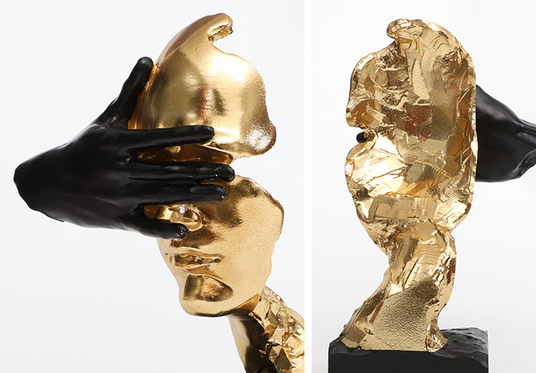 RoyaleGlow Abstract Gold & Black Silence Face Sculpture - Modern Resin Art Decor
