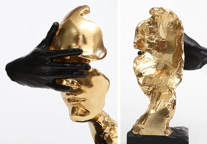 RoyaleGlow Abstract Gold & Black Silence Face Sculpture - Modern Resin Art Decor