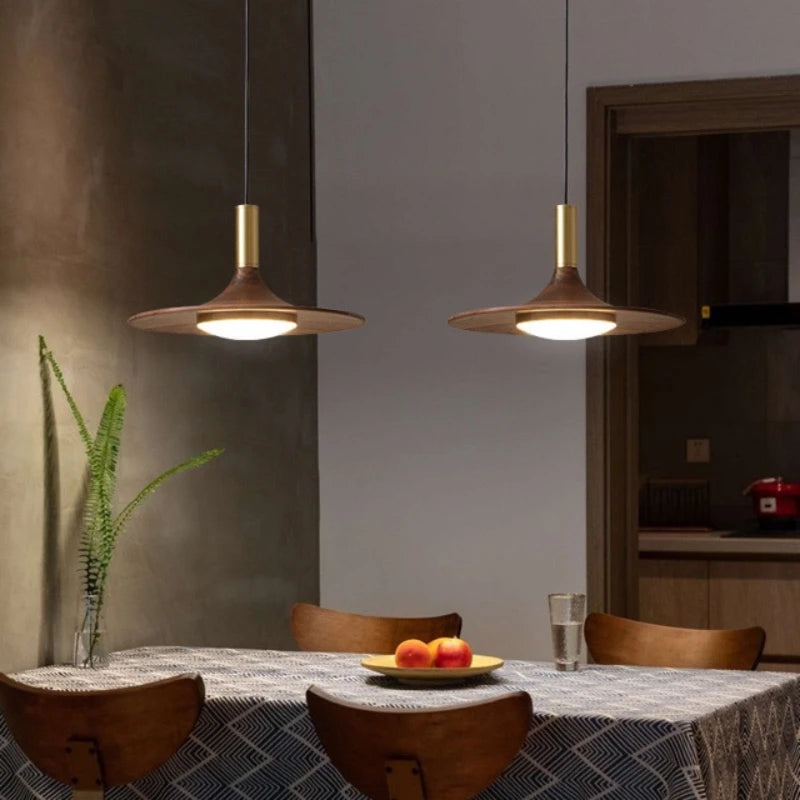 Lumora Elegant Wood & Brass Disc Pendant Light for Dining
