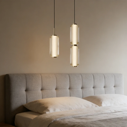 RoyaleGlow Modern Ribbed Glass Pendant Light - Brushed Gold Linear Cylinder Hanging Lamp
