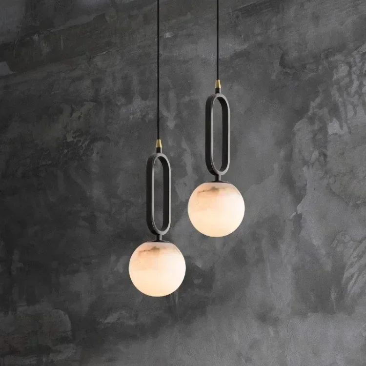 RoyaleGlow Alabaster Globe Pendant Light with Matte Black Loop Frame