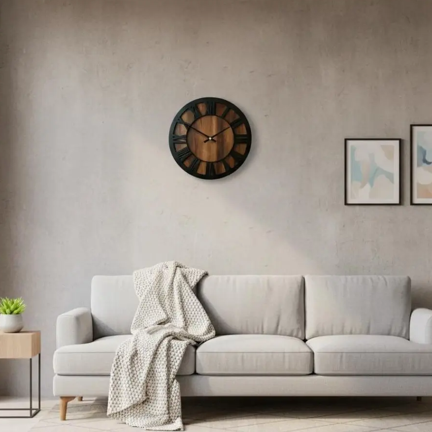 Royaleva Black Metal & Walnut Wall Clock Silent Roman Numeral Design