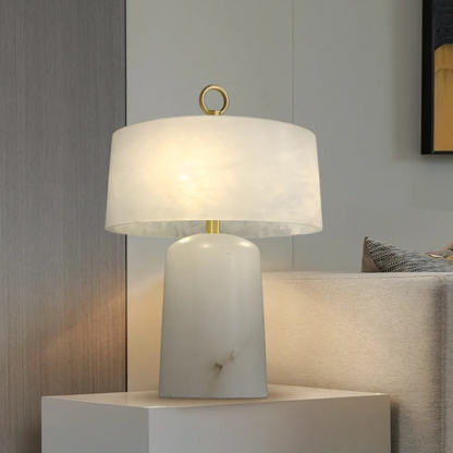 LuxRoyale Alabaster & Brass LED Table Lamp with Drum Shade & Ring Finial