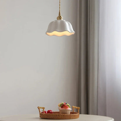 LuxRoyale Scalloped Ceramic Pendant Light - White Mini Flower Design with Brass Accents
