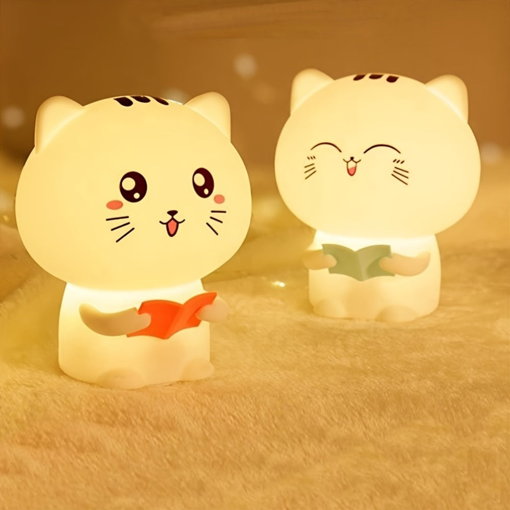 Kawaii Night Light - Cute Reading Kitty Silicone Lamp with 7 Color Changing Modes & USB Rechargeable Battery - Pink