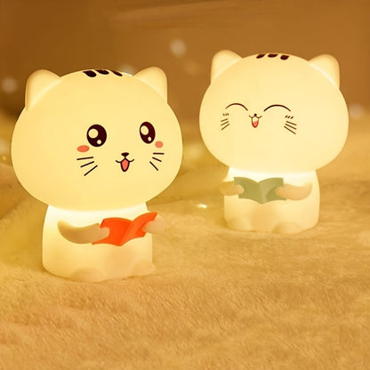 Kawaii Night Light - Cute Reading Kitty Silicone Lamp with 7 Color Changing Modes & USB Rechargeable Battery - Pink