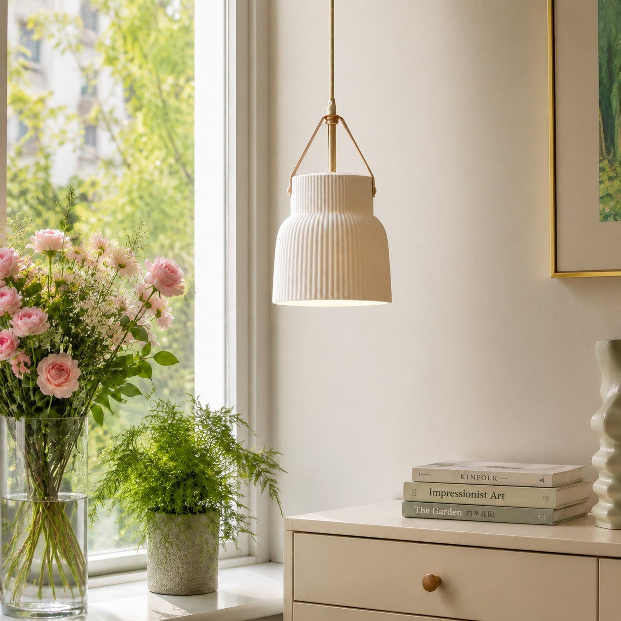 RoyaleGlow Nordic Ridged Ceramic Pendant Light with Faux Leather Strap
