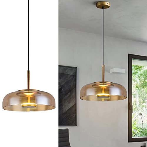 RoyaleGlow Modern LED Pendant Lamp with Amber Glass Shade for Dining Room