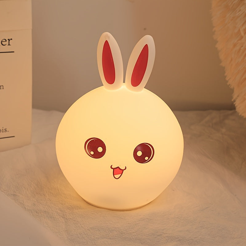Squishy bunny night light with long ears, color-changing LED, and touch control, perfect for kids' bedrooms and cozy home decor.