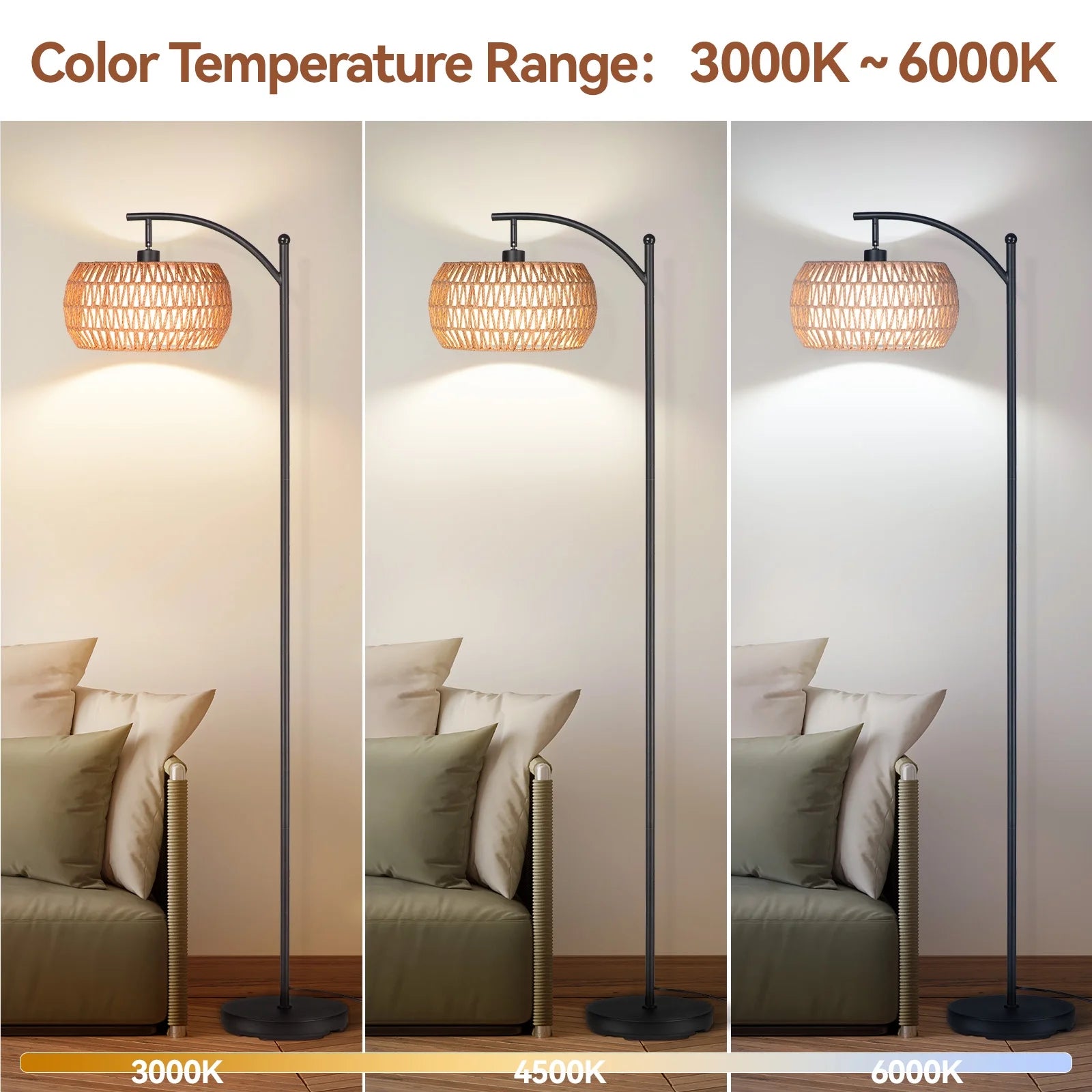 Rattan Floor Lamp - Dimmable LED with 3 Color Temperatures, Boho Farmhouse Style - Default Title