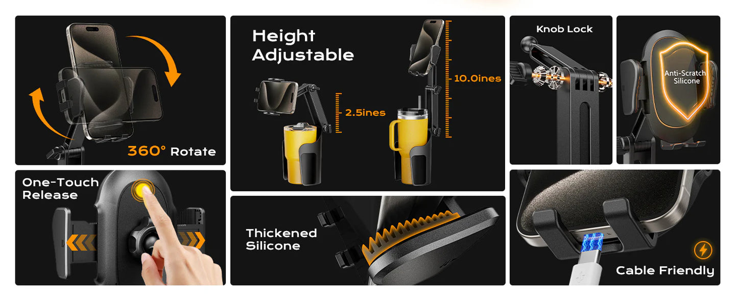 Luxora Phone Cup Holder Mount For Car - Adjustable Height