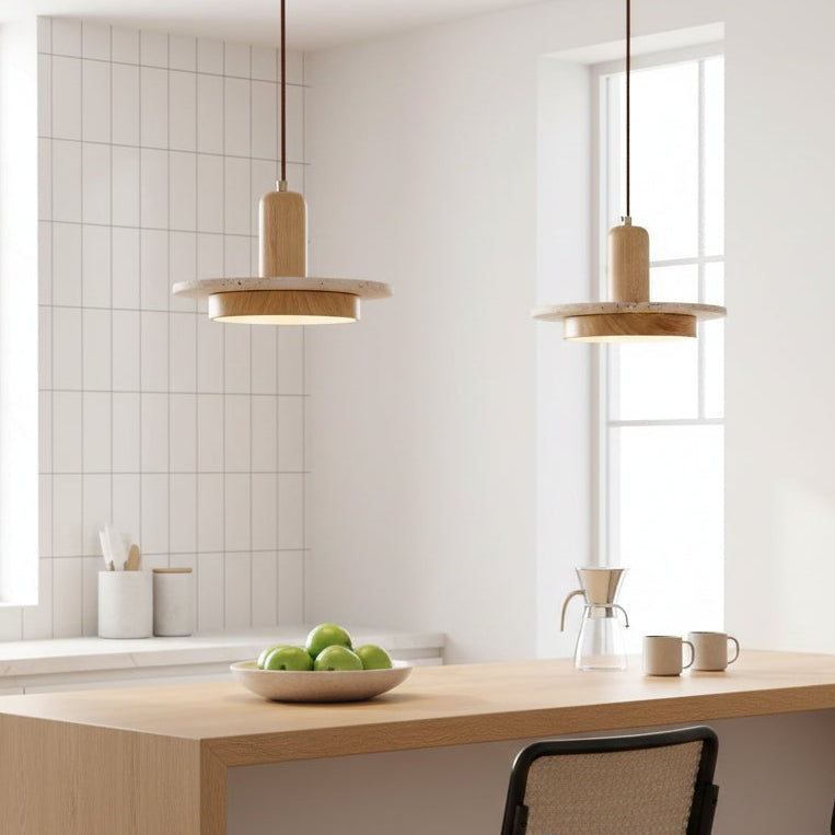 RoyaleGlow Wabi Sabi Travertine Stone & Wood Pendant Light - Modern Minimalist Lighting