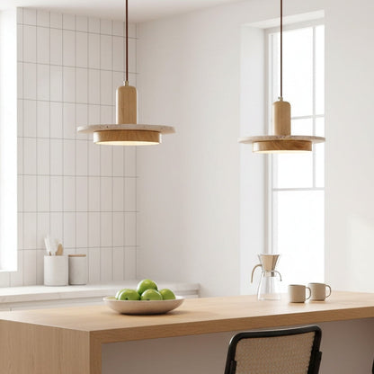 RoyaleGlow Wabi Sabi Travertine Stone & Wood Pendant Light - Modern Minimalist Lighting