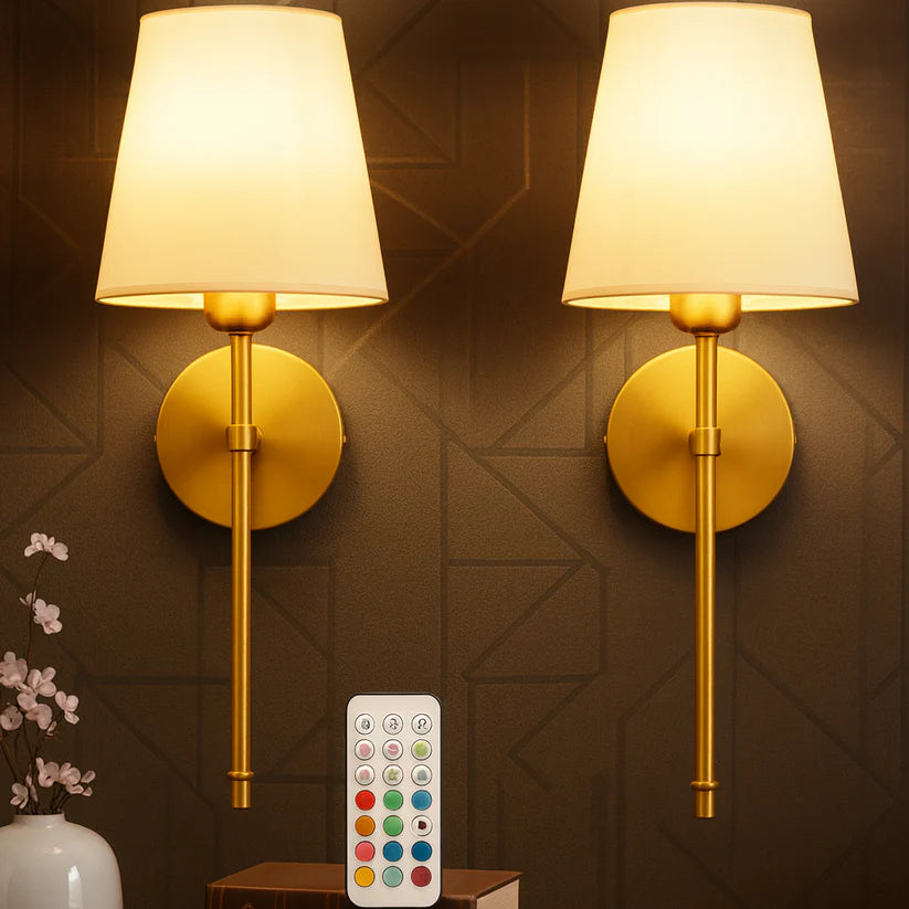 RoyaleGlow Wireless Wall Sconces - Modern Cloth Shade Set of 2 for Bedroom and Corridor