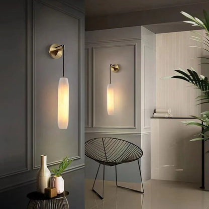 RoyaleGlow Modern Alabaster Wall Sconce - Elegant Brass & Stone Fluted Light