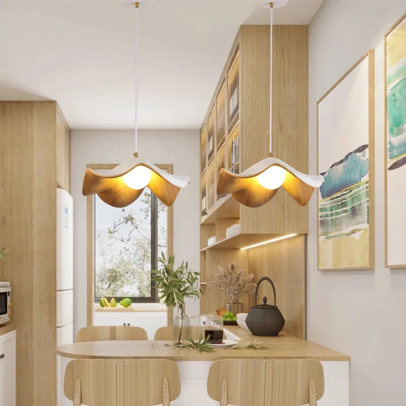 LuxRoyale Petal Wave Organic LED Pendant Light Lotus-Inspired Wood-Texture for Japandi Bedroom and Dining Room