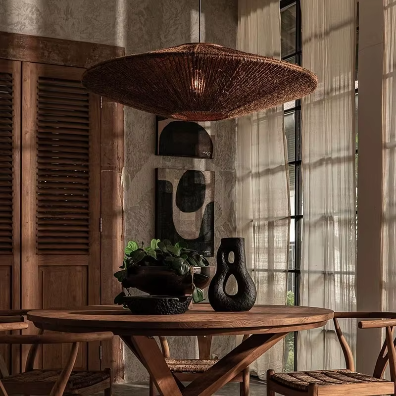 RoyaleGlow Handwoven Jute Rope Pendant Light Fixture, Boho Chic Disc Style