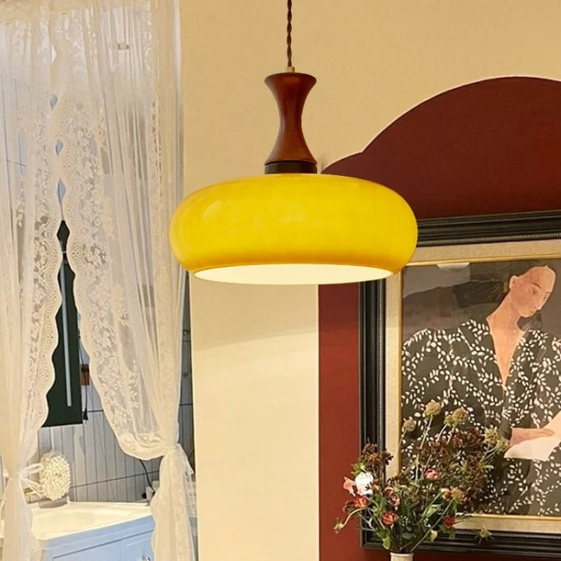 Rayvia Premium Amber Glass Pendant Light with Wood Accent for Living Dining Room.