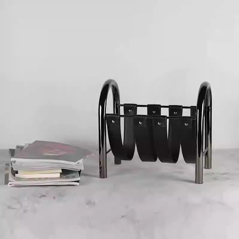 RoyaleGlow Modern Black Leather Magazine Holder with Metal Frame Storage Rack