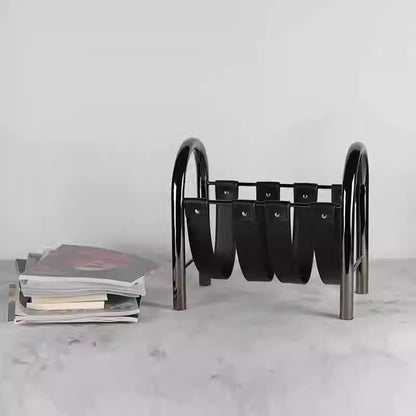 RoyaleGlow Modern Black Leather Magazine Holder with Metal Frame Storage Rack