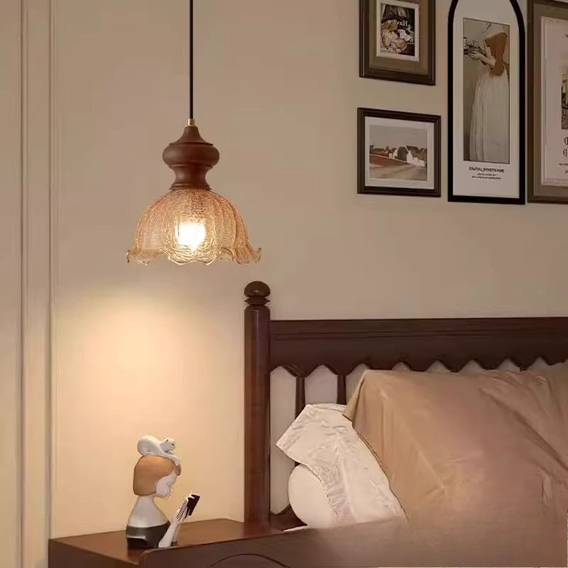 RoyaleGlow Vintage Rippled Glass Pendant Light with Brass & Wood for Kitchen & Dining Room
