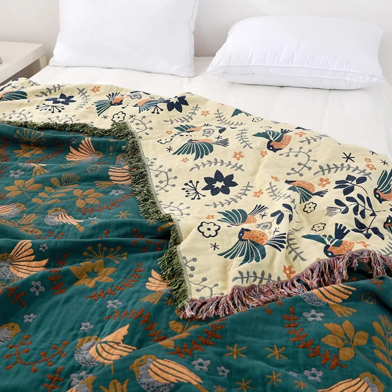 Lumora Reversible Cotton Throw Blanket with Bird Design - Cozy, Versatile for Every Season