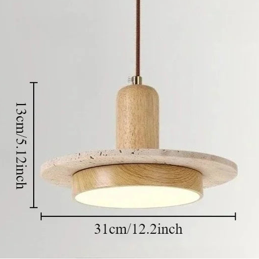 RoyaleGlow Wabi Sabi Travertine Stone & Wood Pendant Light - Modern Minimalist Lighting