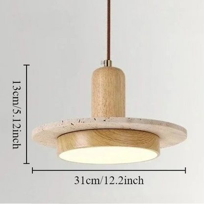 RoyaleGlow Wabi Sabi Travertine Stone & Wood Pendant Light - Modern Minimalist Lighting