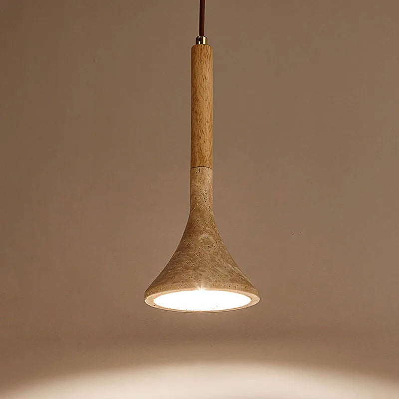Royelux Travertine Cone Pendant Light with Walnut Wood Accent