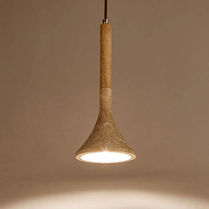 Royelux Travertine Cone Pendant Light with Walnut Wood Accent