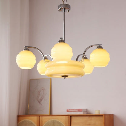 RoyaleGlow Art Deco Brass Chandelier with Frosted Glass Shades