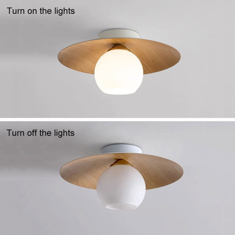 LuxRoyale Modern Wood Ceiling Light with White Globe Shade, Flush Mount Lamp