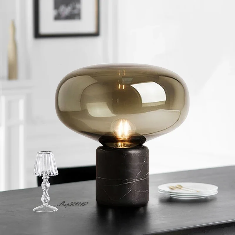 LuxRoyale Contemporary Amber Glass Table Lamp with Marble Base