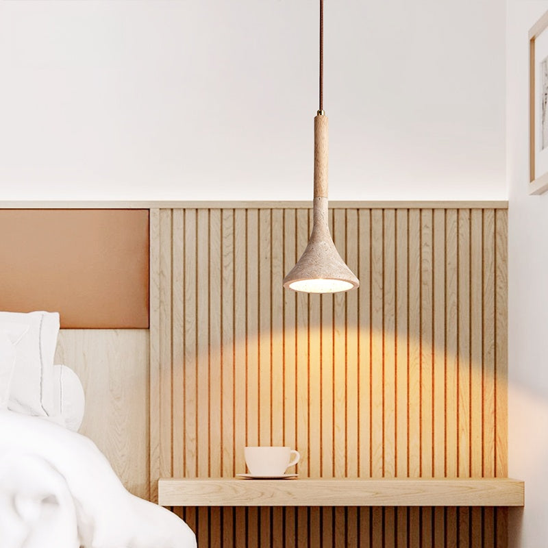 Royelux Travertine Cone Pendant Light with Walnut Wood Accent