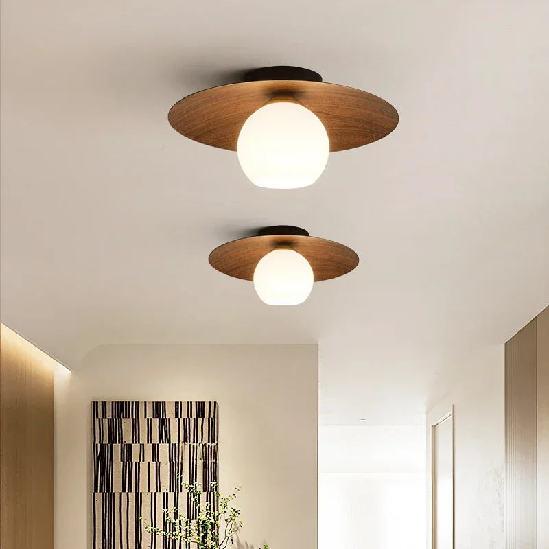 LuxRoyale Modern Wood Ceiling Light with White Globe Shade, Flush Mount Lamp