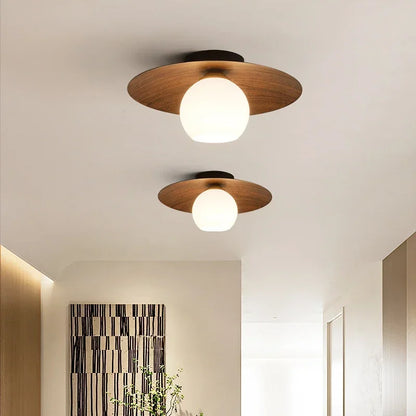 LuxRoyale Modern Wood Ceiling Light with White Globe Shade, Flush Mount Lamp