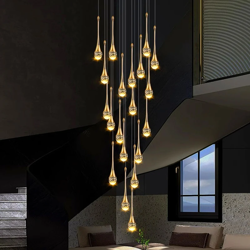 LuxRoyale Waterfall Gold LED Crystal Chandelier for Staircase Entryway
