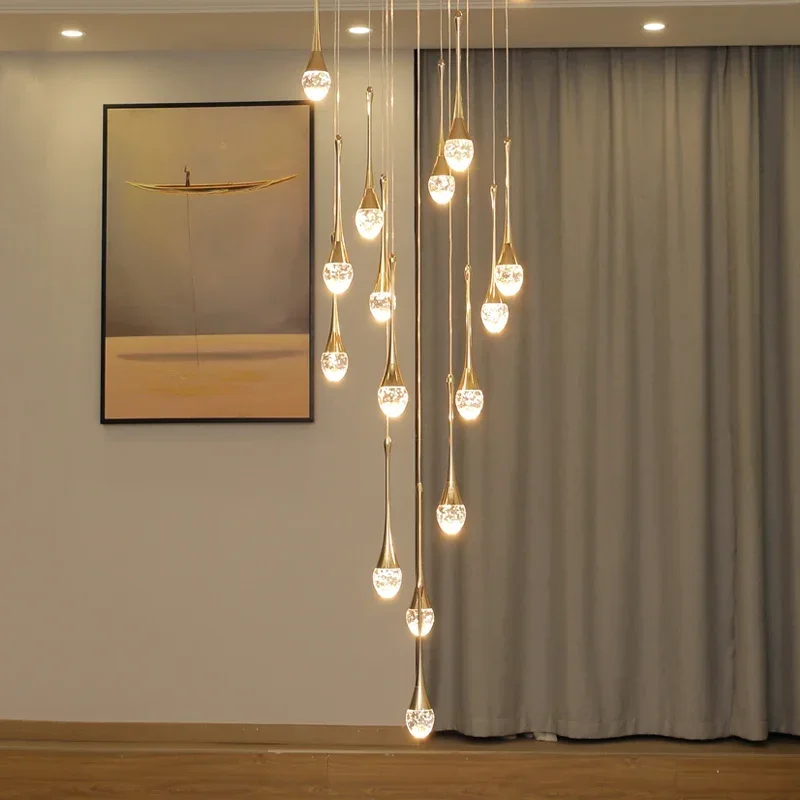 LuxRoyale Waterfall Gold LED Crystal Chandelier for Staircase Entryway