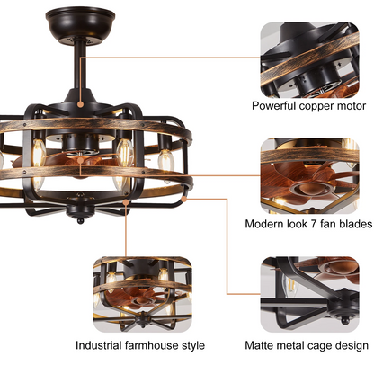 Royelux Industrial Flush Mount Ceiling Fan With Lights And Remote Control - Rustic Walnut Finish